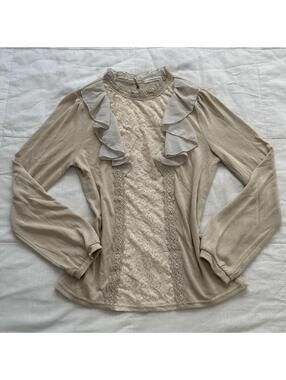 Axes Femme Beige Lace Ruffle High Neck Top Size M Japan